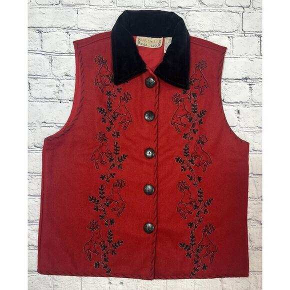 Vintage Life Style Classic Vest Red Embroidered Reindeer Button Wool Christmas - Picture 1 of 11